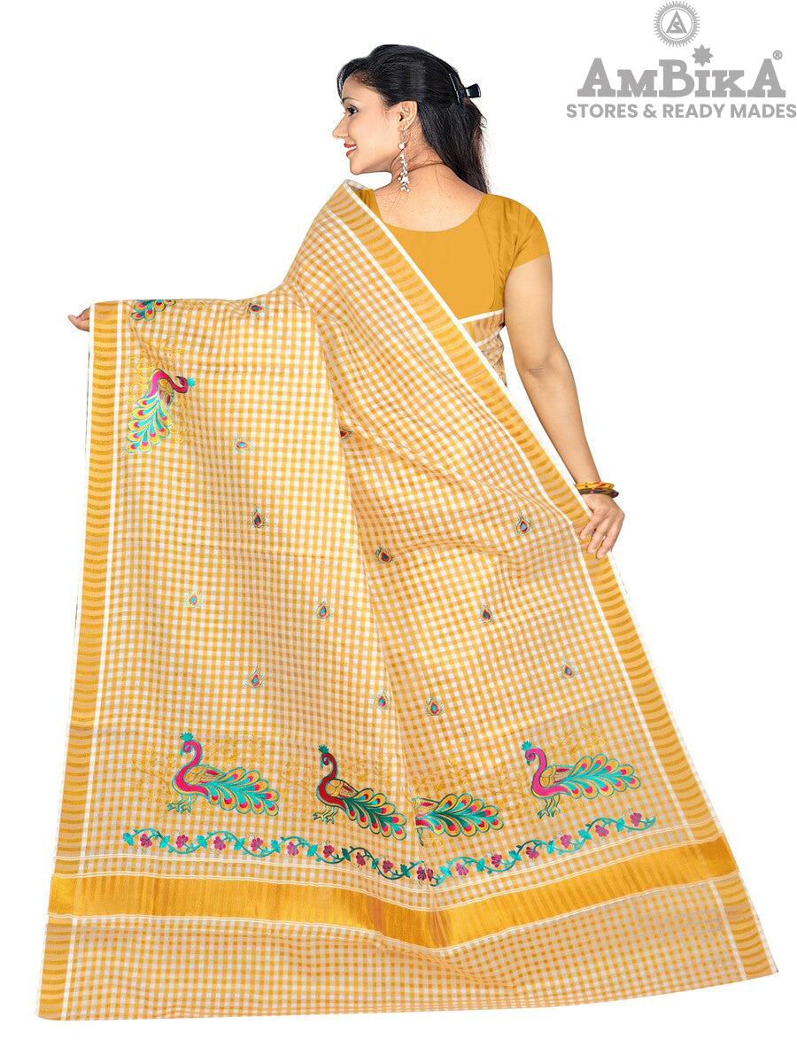 Women's Cotton Saree Kerala Traditional Kasavu Saree with Running Blouse (CHECKED EMBROIDING SAREE)