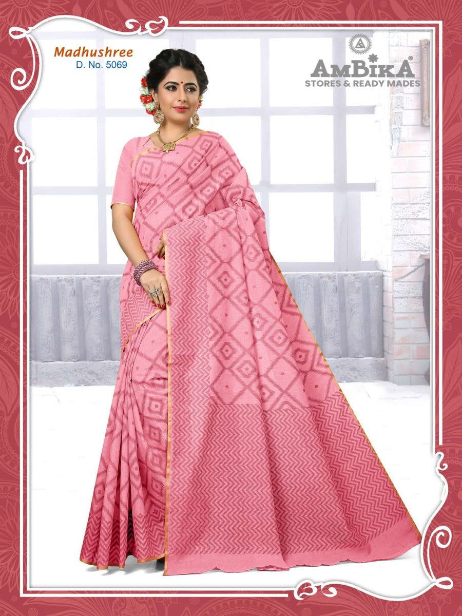 MADHUSHREE SILK COTTON SAREE Printed with Blouse Piece for Womens