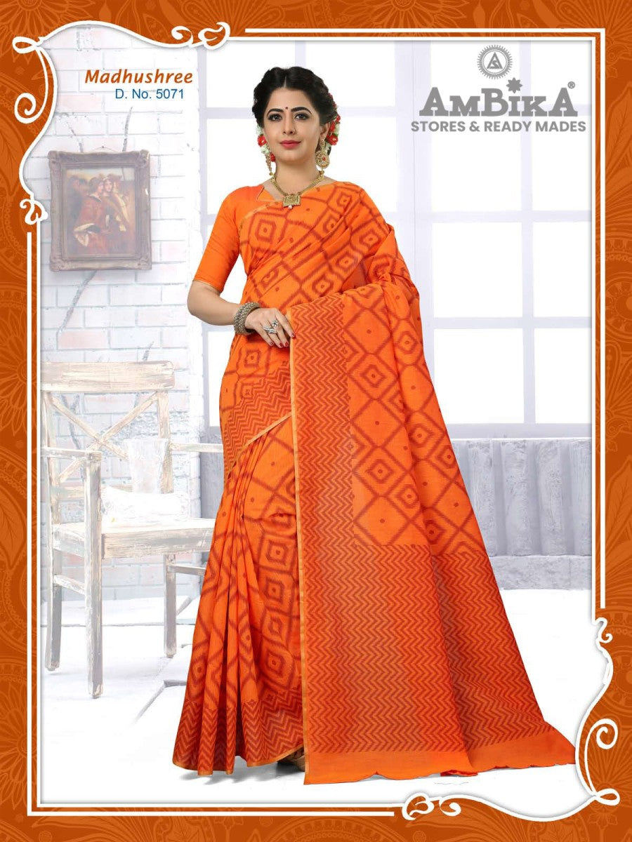 MADHUSHREE SILK COTTON SAREE Printed with Blouse Piece for Womens