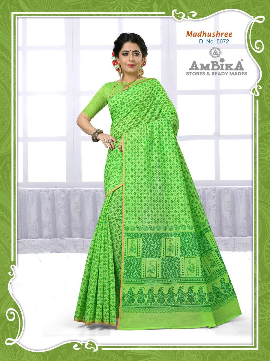 MADHUSHREE SILK COTTON SAREE Printed with Blouse Piece for Womens