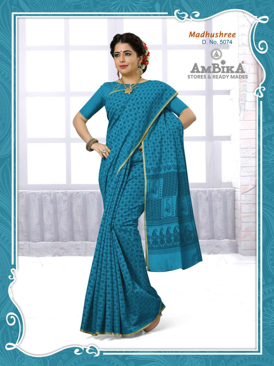 MADHUSHREE SILK COTTON SAREE Printed with Blouse Piece for Womens