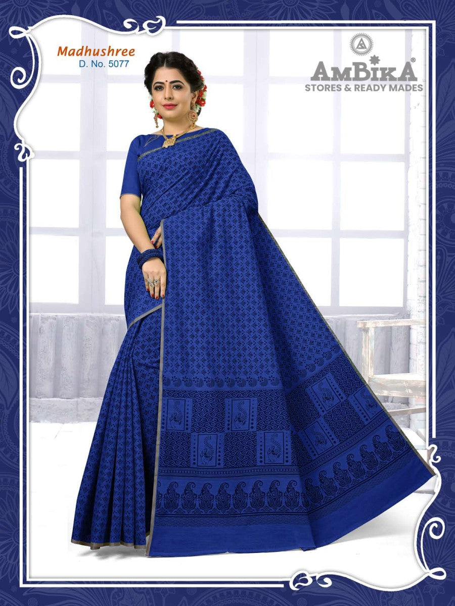 MADHUSHREE SILK COTTON SAREE Printed with Blouse Piece for Womens