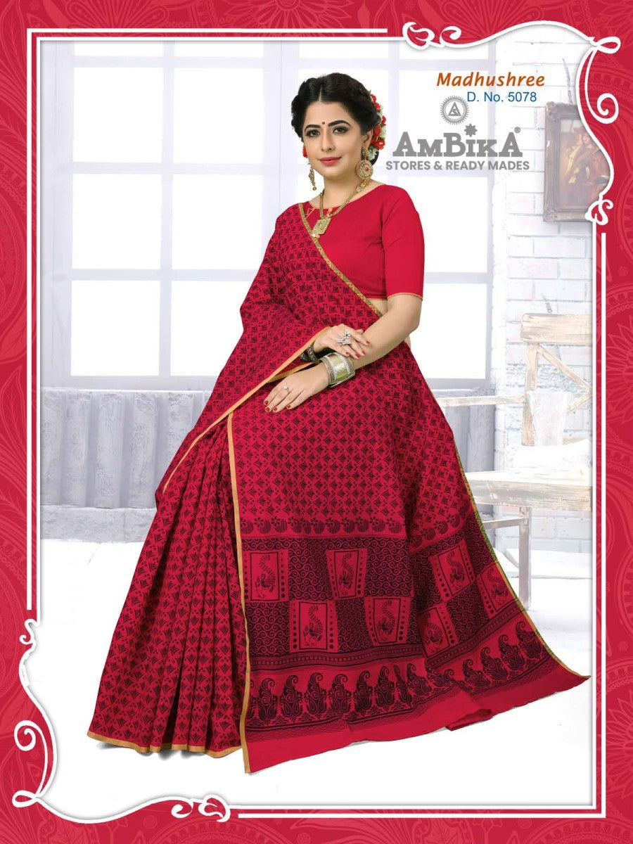 MADHUSHREE SILK COTTON SAREE Printed with Blouse Piece for Womens