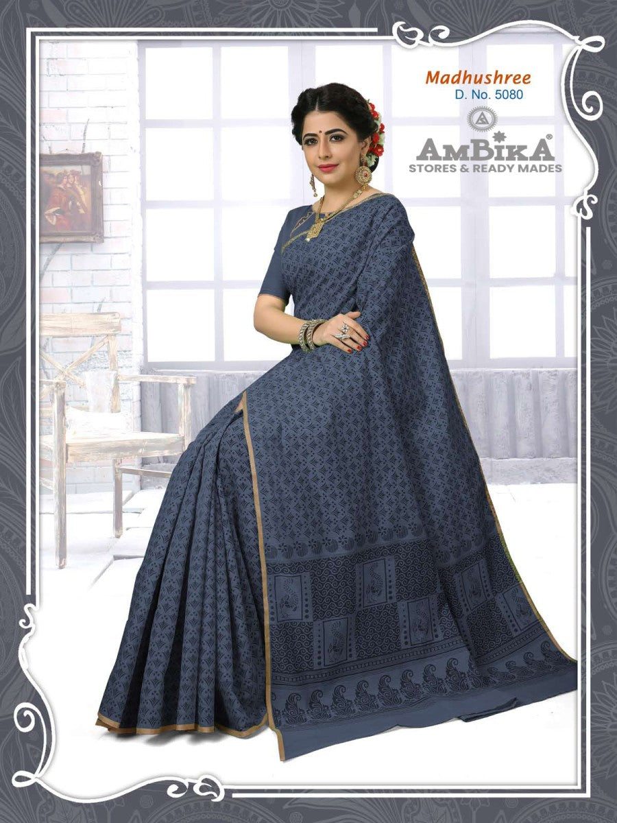 MADHUSHREE SILK COTTON SAREE Printed with Blouse Piece for Womens