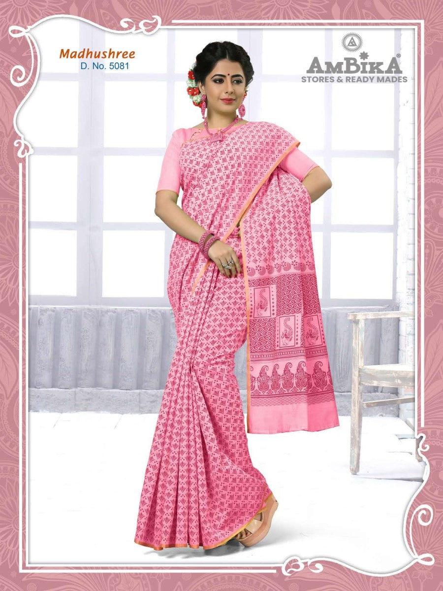 MADHUSHREE SILK COTTON SAREE Printed with Blouse Piece for Womens