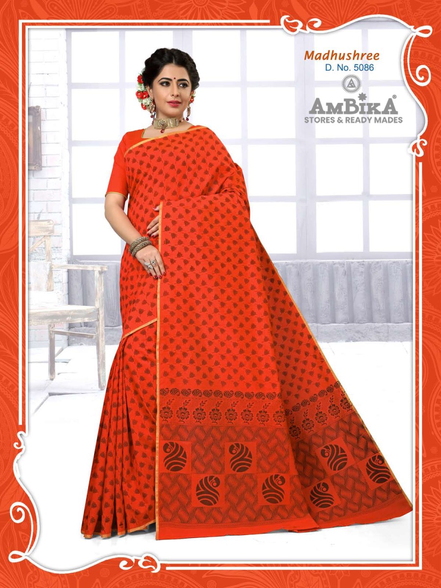 MADHUSHREE SILK COTTON SAREE Printed with Blouse Piece for Womens