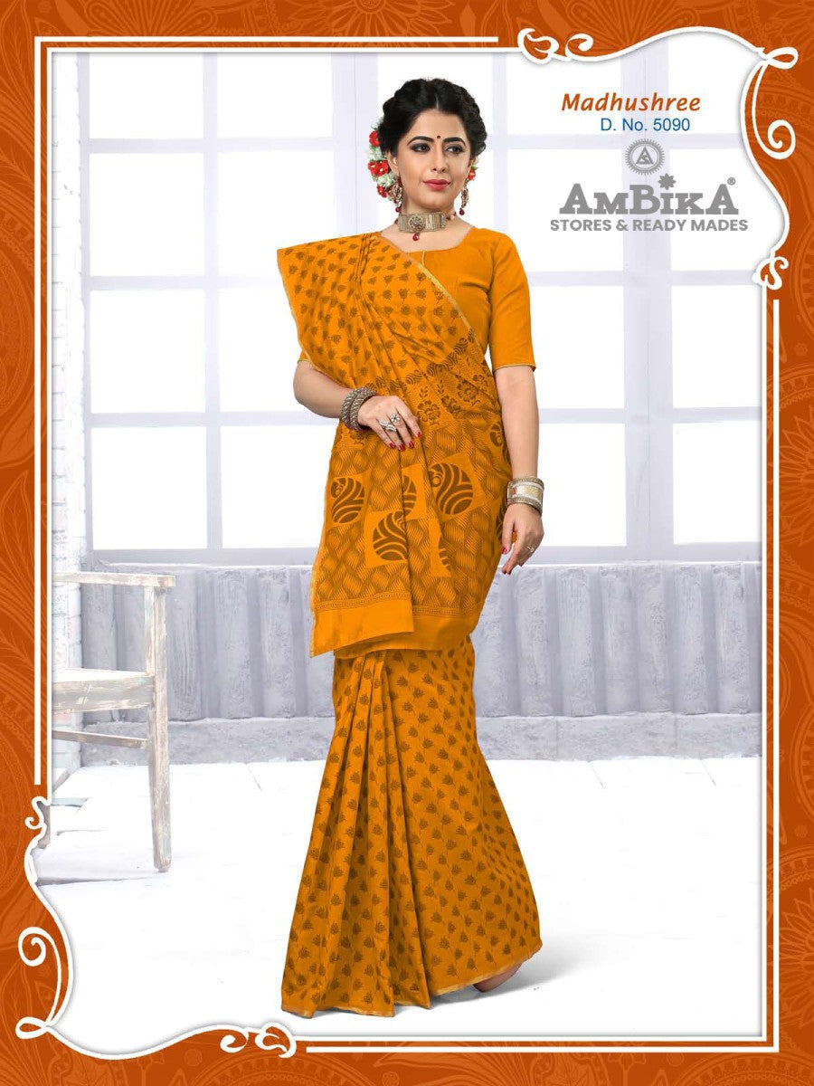 MADHUSHREE SILK COTTON SAREE Printed with Blouse Piece for Womens