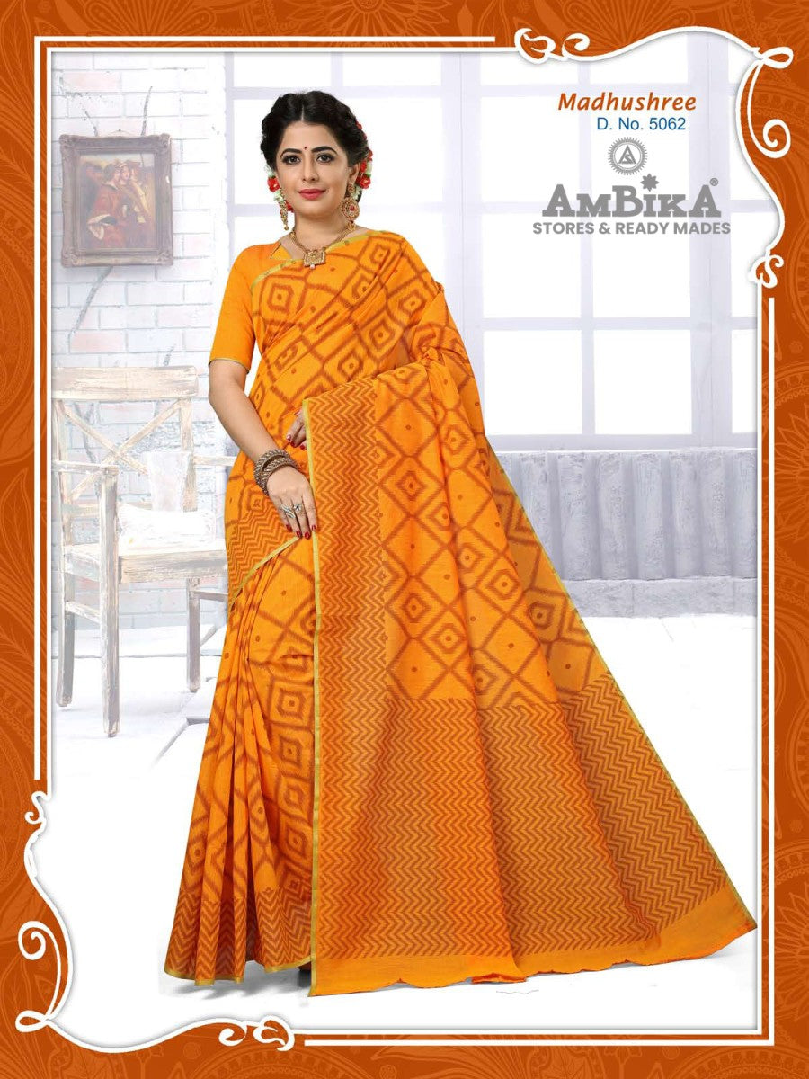 MADHUSHREE SILK COTTON SAREE Printed with Blouse Piece for Womens