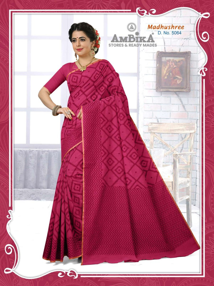 MADHUSHREE SILK COTTON SAREE Printed with Blouse Piece for Womens