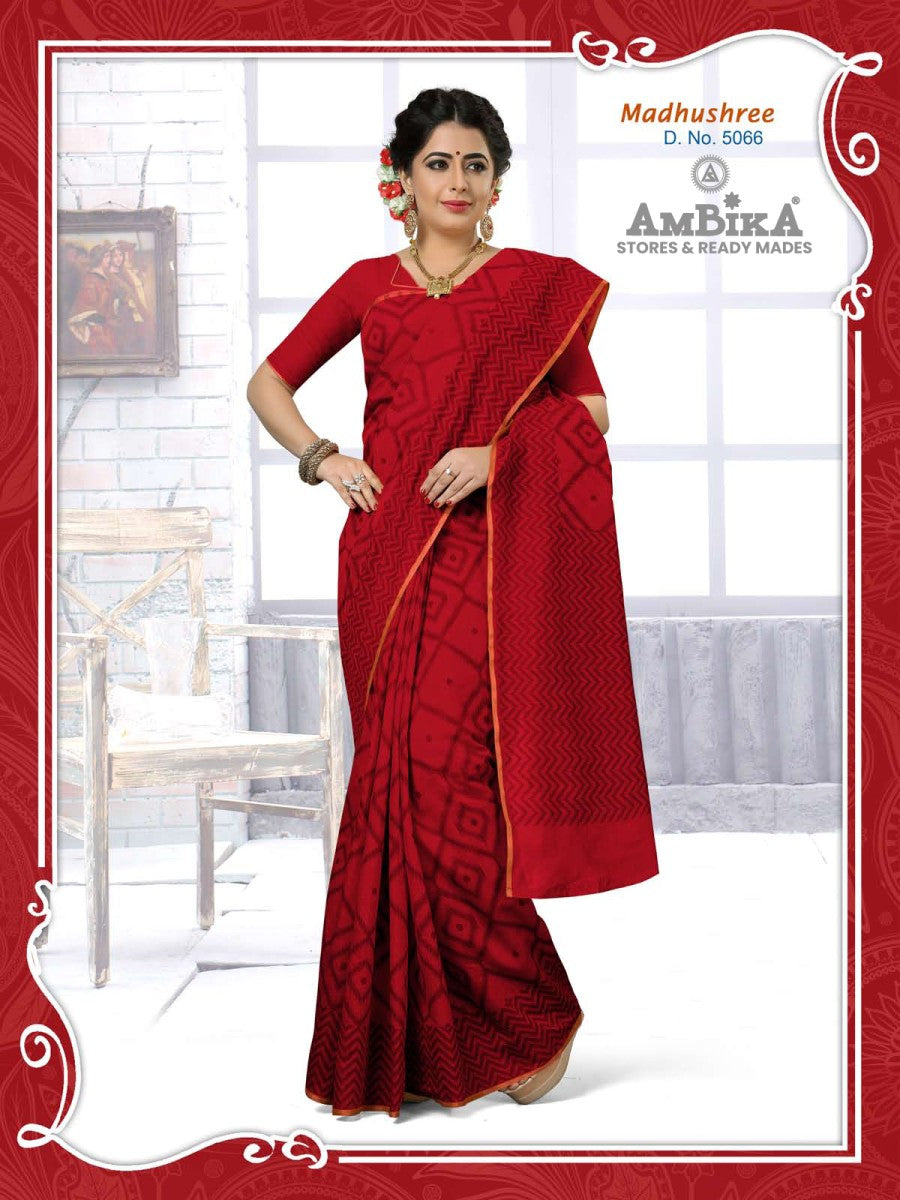 MADHUSHREE SILK COTTON SAREE Printed with Blouse Piece for Womens