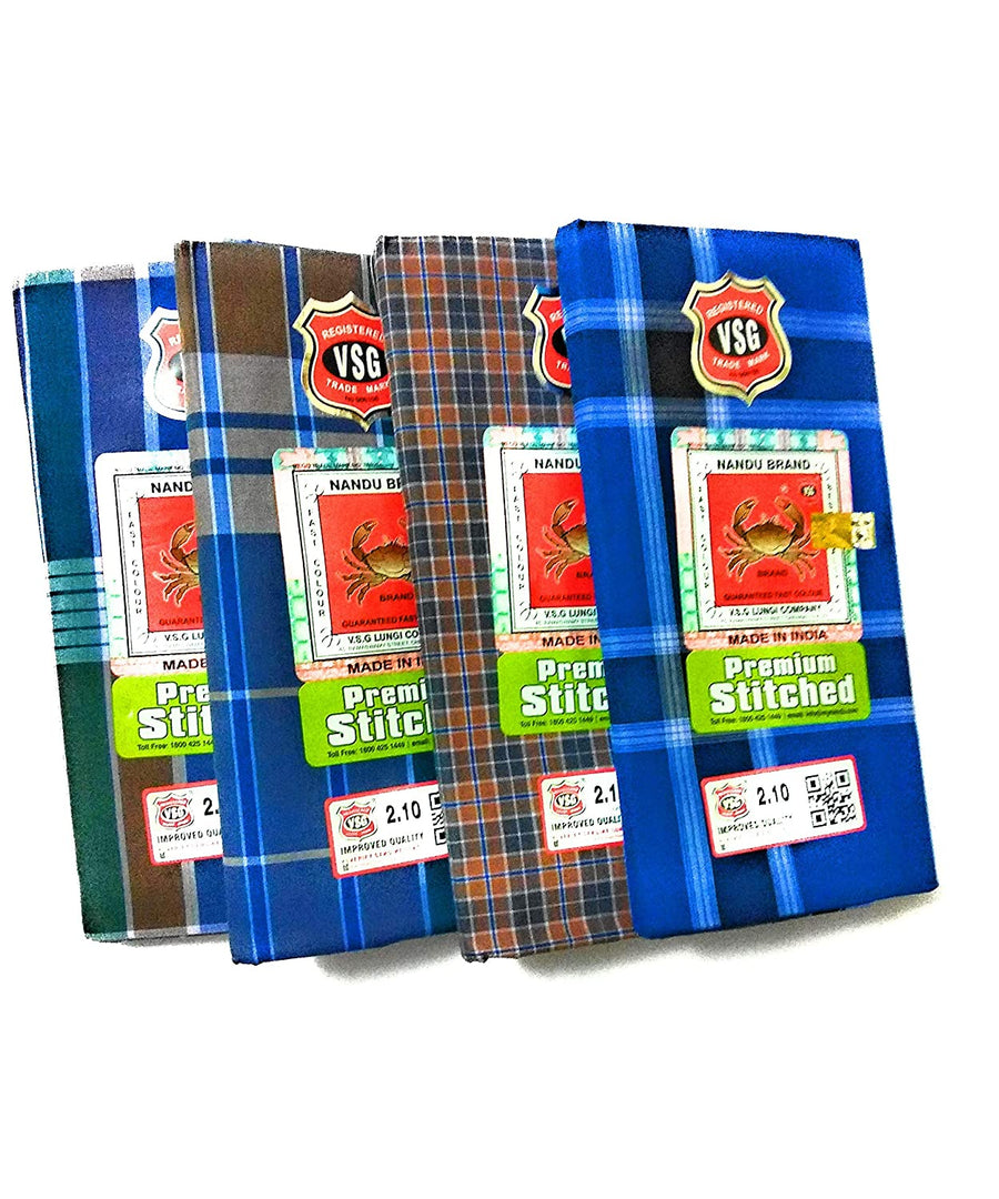 Nandu Brand Men's Cotton Stitched Lungi (Pattern May Vary, Multicolor, Free Size) - Pack of 4