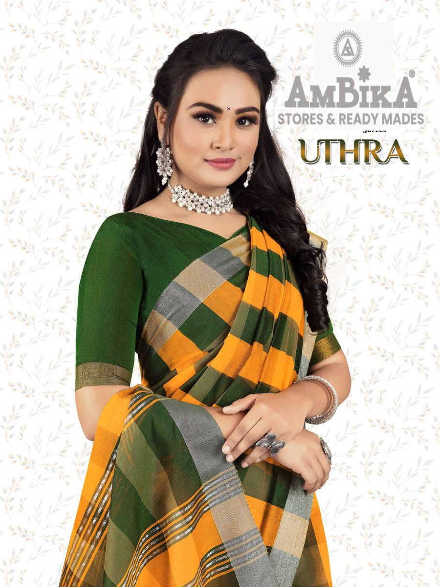 UTHRA SILK COTTON CHECKED SAREE  with Blouse Piece for Womens