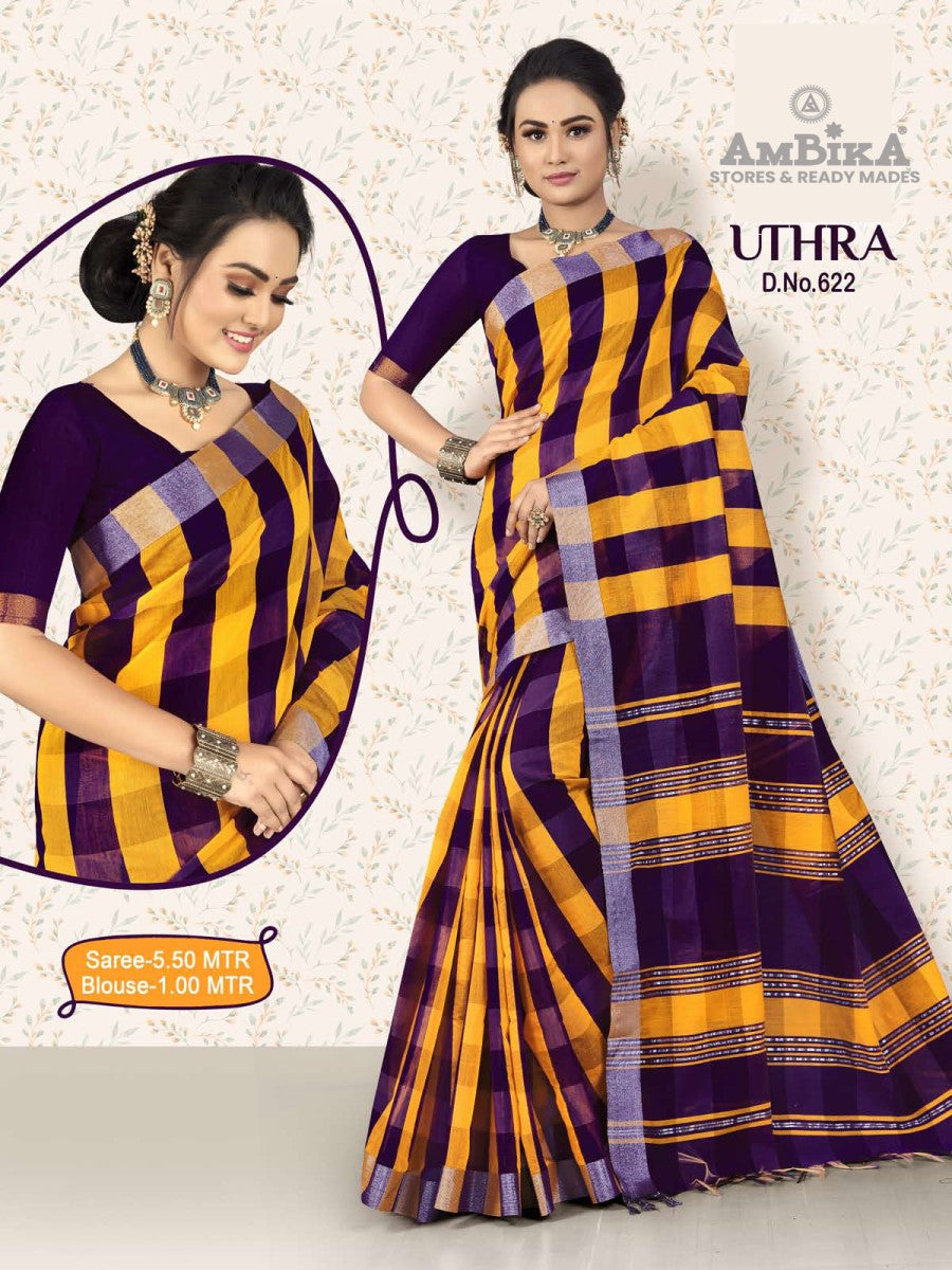 UTHRA SILK COTTON CHECKED SAREE  with Blouse Piece for Womens