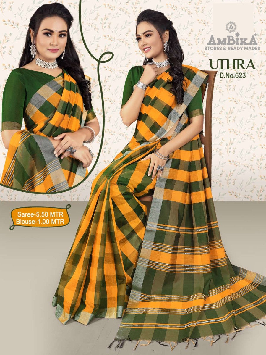 UTHRA SILK COTTON CHECKED SAREE  with Blouse Piece for Womens