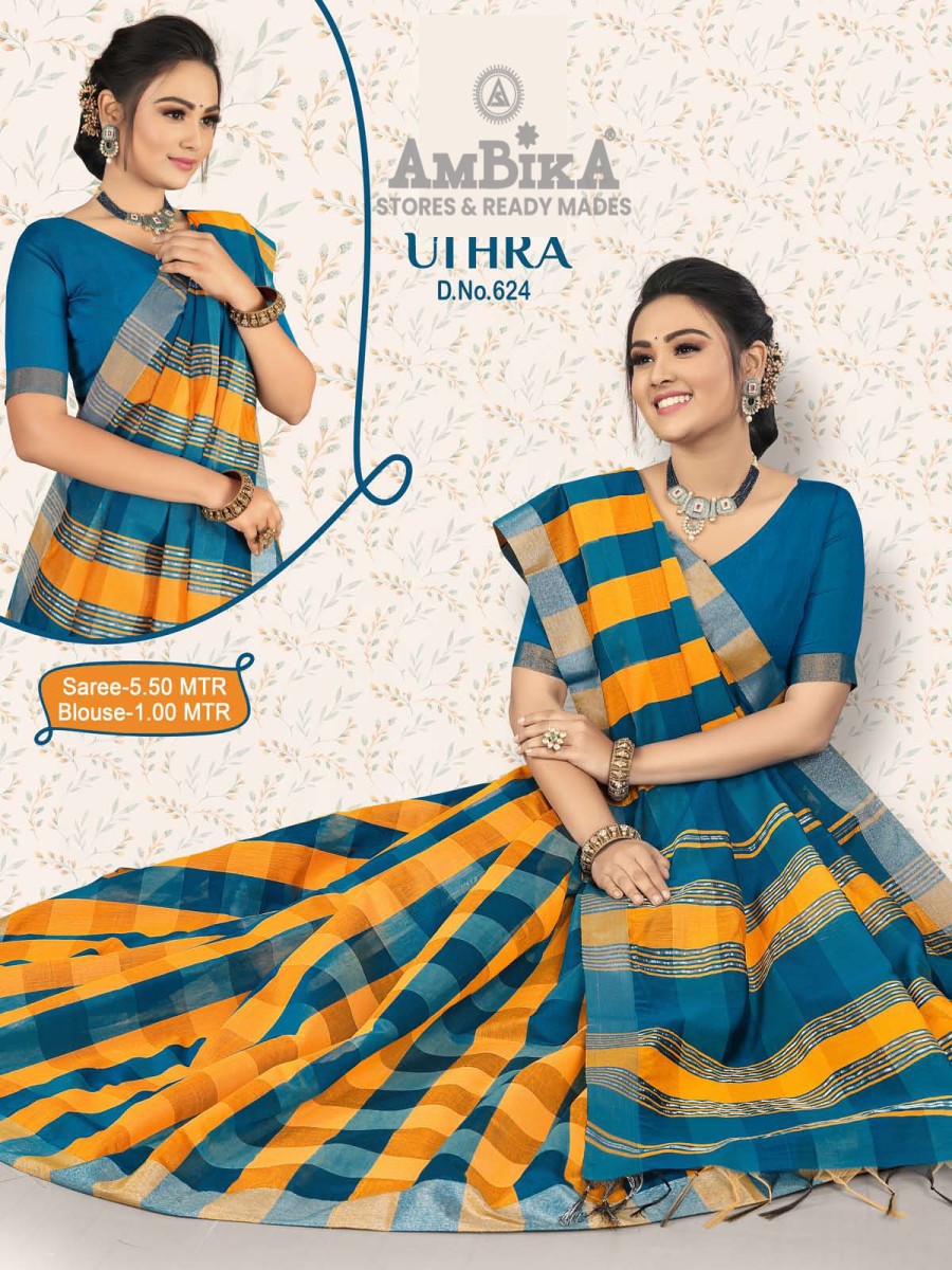 UTHRA SILK COTTON CHECKED SAREE  with Blouse Piece for Womens