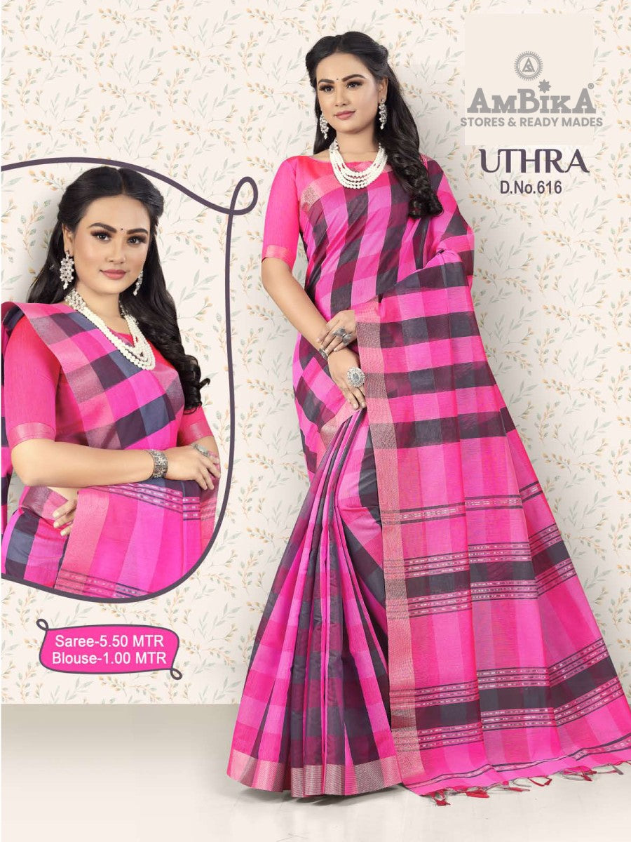 UTHRA SILK COTTON CHECKED SAREE  with Blouse Piece for Womens