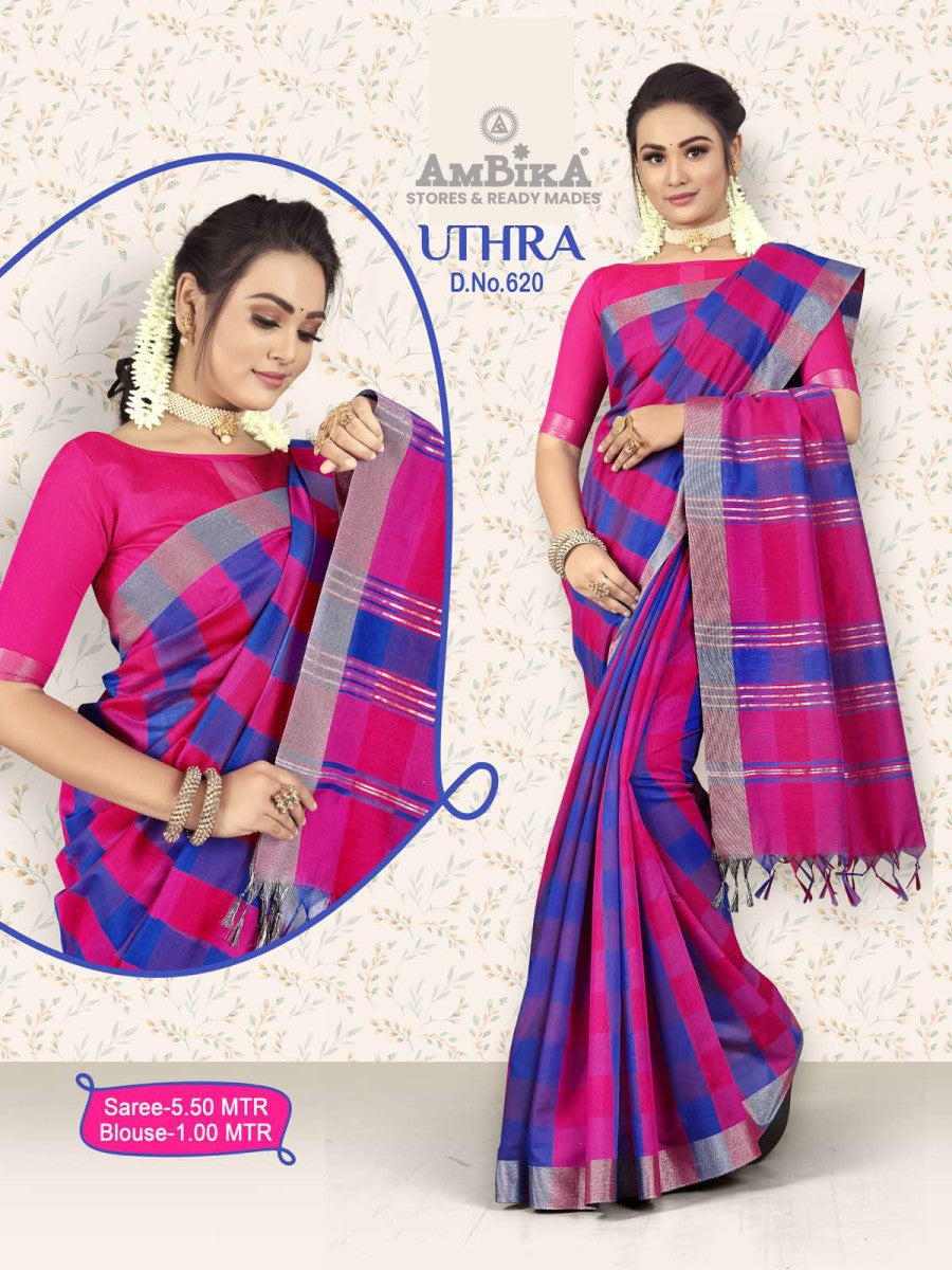 UTHRA SILK COTTON CHECKED SAREE  with Blouse Piece for Womens